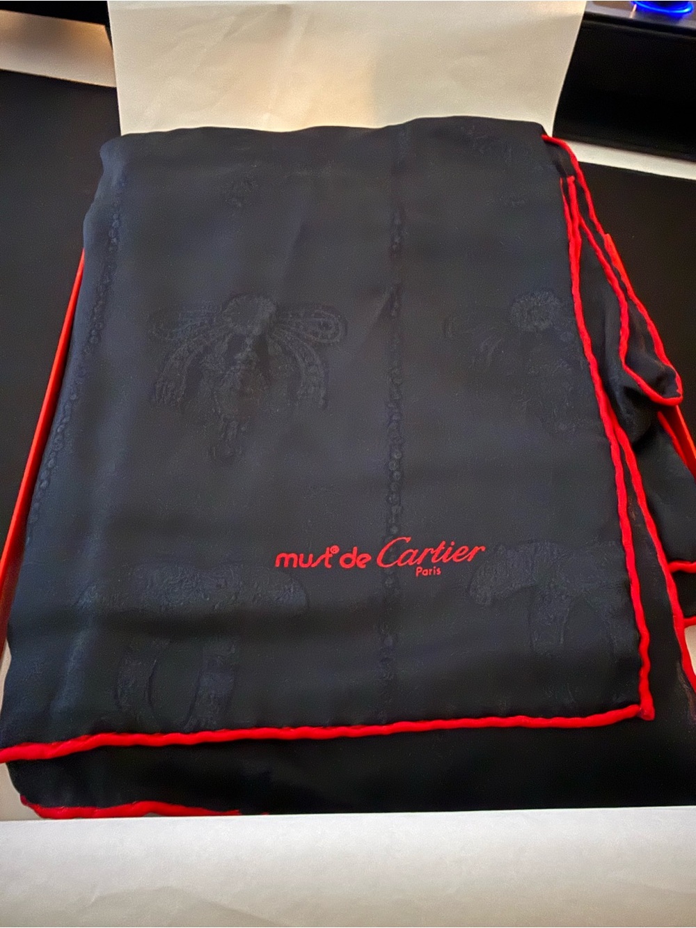 must de Cartier Black Silk Scarf with Red Trim in box